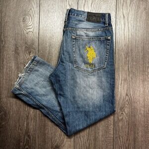US Polo Assn Mens Straight Leg Jeans Blue 33x32 Distressed Embroidered Logo USPA
